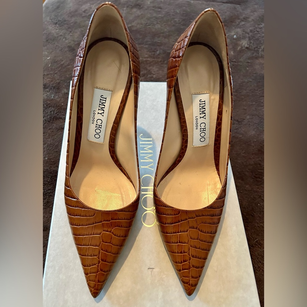 Jimmy Choo Cuio Embossed Leather Pumps, Saddle/Brown, Size 38 (US 8)